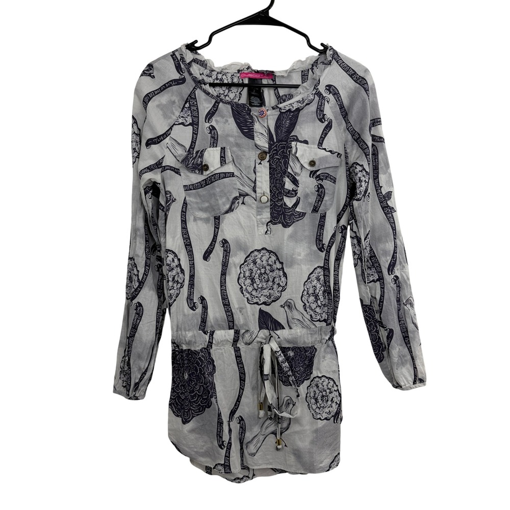 Custo Barcelona Tunic Womens Size 2 Gray Floral Bird Print Drawstring Waist Top